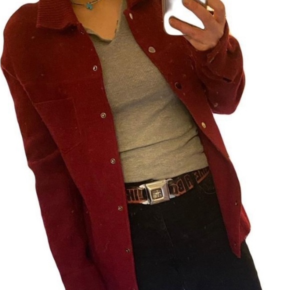 Paraphrase 100% Boiled Wool Burgundy Snap Knit Collar Snap Sleeve Jacket Shacket - Picture 11 of 11